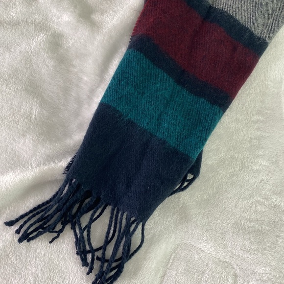Wide colour black navy, green, and red fringe scarf - Picture 8 of 16